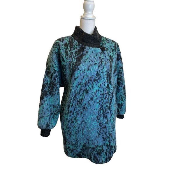 Vintage Hilda Wool Sweater Jacket Made in Iceland Size Small Blue Black - Picture 1 of 10
